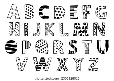 English alphabet font abstract texture letters black monochrome outline vector illustration. Hand drawn ABC characters with different ornament heart star dot stripe blot and lines for reading writing