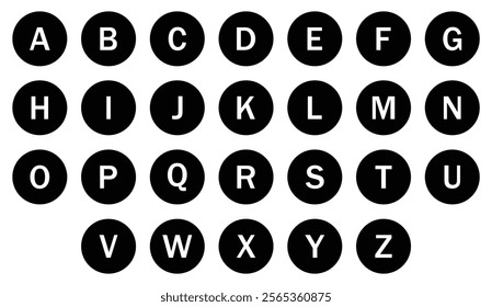 English alphabet font in a black circle symbol. Alphabets a to z letters on a white background. English alphabet text vector icon set. Flat design. Vector illustration.