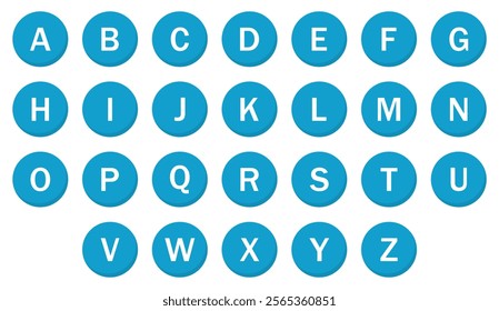 English alphabet font in a blue circle symbol with shadow. Alphabets a to z letters many colors on a white background. English alphabet text vector icon set. Flat design. Vector illustration.