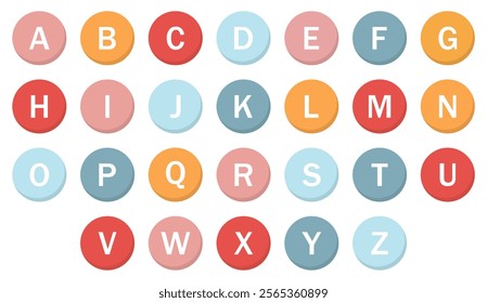 English alphabet font in a circle symbol different color. Alphabets a to z letters many colors on a white background. English alphabet text vector icon set. Flat design. Vector illustration.