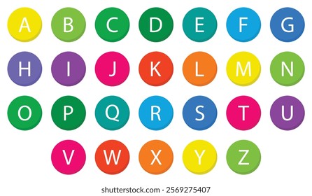 English alphabet font in a circle symbol different color. Alphabets a to z letters many colors on a white background. English alphabet text logo icon set. Flat design. Vector illustration.