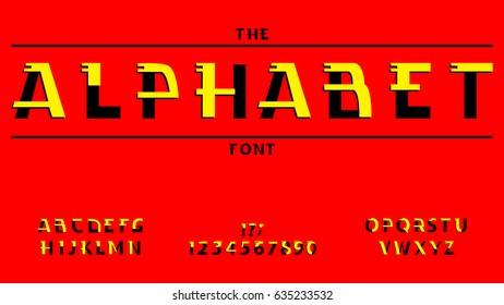 English alphabet. Font futuristic. ABC. Latin. font list. Letters style on a red background. Drawn geometric letters. Vector letters, calligraphy, yellow and black font. EPS10