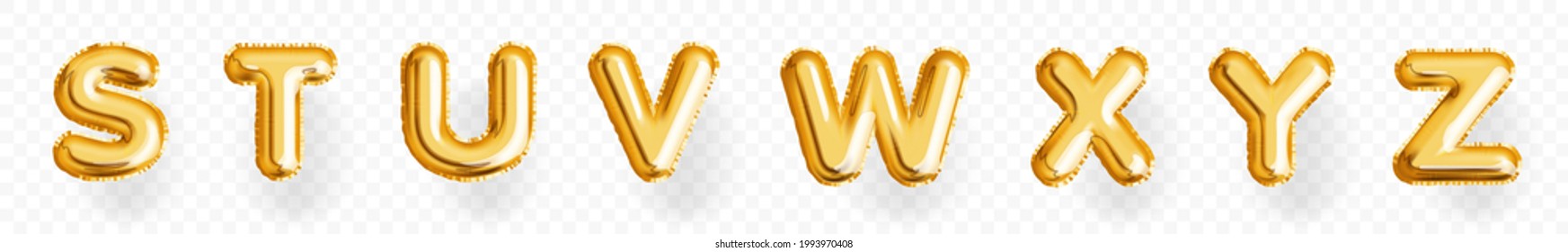 English alphabet font letter from S to Z in shape of balloon. Realistic metallic shiny gold helium headline element. Festive decoration for greeting and party celebration. Isolated vector illustration