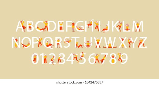 English alphabet font. Letters and numbers with flat people in different poses. little people standing and sitting near letters and numbers. ten numbers from zero to nine. Vector illustration. Eps 10.