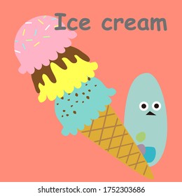 English alphabet with funny monsters.Ice cream card.