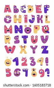 English alphabet with funny monsters. Educational illustration.  Different colors. All elements are isolated.