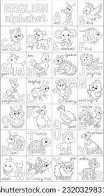 English alphabet with funny toy animals, set of black and white outline vector cartoon illustrations