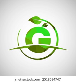 English alphabet G with circle leaf and swoosh. Eco-friendly logo concept. Low poly logo for ecological business and company identity