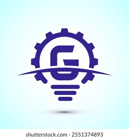English alphabet G with electric bulb and gear sign. Creative idea logo concept
