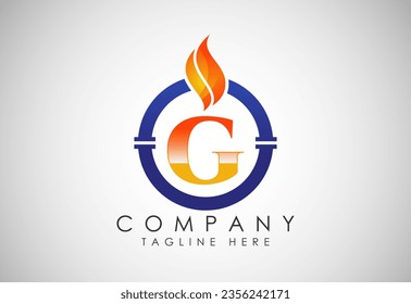 English alphabet G with fire flame and pipe. Oil and gas industry logo design concept.