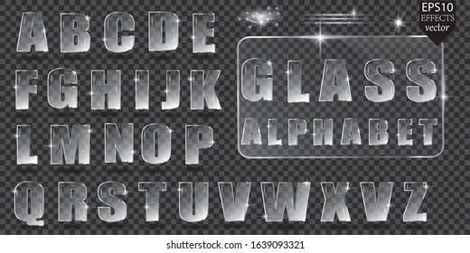 English alphabet. Glass. Glass letters. Metal stroke. Glowing glare. Transparent background.