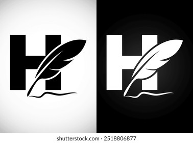 English alphabet H with feather logo design template. Logo for a writer or publishers.