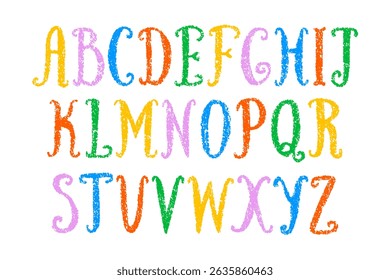 English alphabet hand drawn with childrens crayons pencils with textured effect. Kids font with chalk texture. Vector ABC for educational banners, school, kindergarten