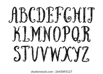 Inglês alfabeto mão desenhado com crianças lápis lápis lápis lápis lápis com efeito texturizado. Fonte para crianças com textura de giz. Vetor preto ABC para banners educacionais, escola, jardim de infância.