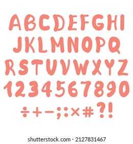 English alphabet hand-drawn in cartoon style. Doodling. Coral color of handwritten font. Numbers, punctuation marks. Pink color, white background. Children's letters for printing design or education.