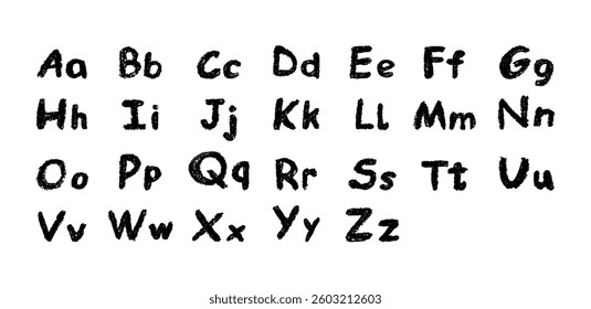 English alphabet hand-drawn in a crayon. Capital and lowercase black letters in chalk, pastel, or wax style. Highlighter effect on board for kindergarten drawing and learning. Vector illustration
