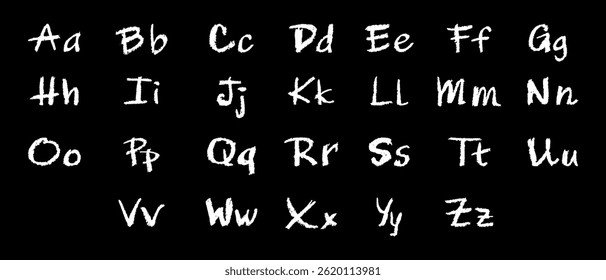 English alphabet hand-drawn in a crayon. Capital and lowercase white letters in chalk, pastel, or wax style. Highlighter effect on board for kindergarten drawing and learning. Vector illustration