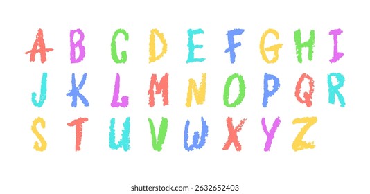English alphabet hand-drawn in a crayon. Capital colorful letters in chalk, pastel, or wax style. Highlighter effect on white board for kindergarten drawing and learning. Cartoon vector illustration.