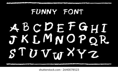 English alphabet hand-drawn in a crayon. Capital white letters in chalk, pastel, or wax style. Highlighter effect on black board for kindergarten drawing and learning. Funny cartoon vector set