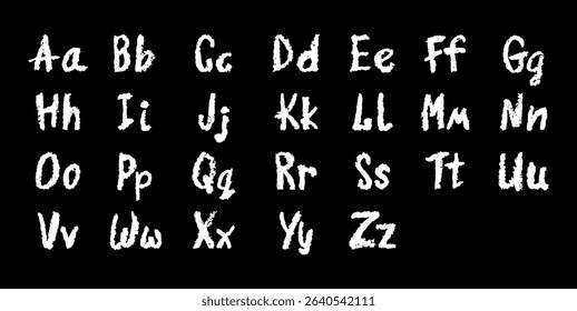 English alphabet hand-drawn in a crayon. Capital and lowercase white letters in chalk, pastel, or wax style. Highlighter effect on board for kindergarten drawing and learning. Vector illustration