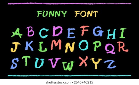 English alphabet hand-drawn in a crayon. Capital colorful letters in chalk, pastel, or wax style. Highlighter effect on white board for kindergarten drawing and learning. Funny cartoon vector set
