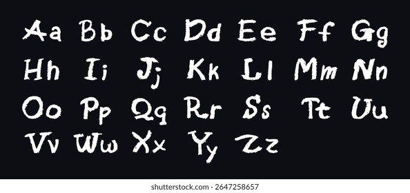 English alphabet hand-drawn in a crayon. Capital and lowercase white letters in chalk, pastel, or wax style. Highlighter effect on board for kindergarten drawing and learning. Vector illustration