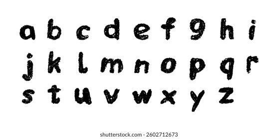 English alphabet hand-drawn in a crayon. Lowercase black letters in chalk, pastel, or wax style. Highlighter effect on white board for kindergarten drawing and learning. Vector illustration