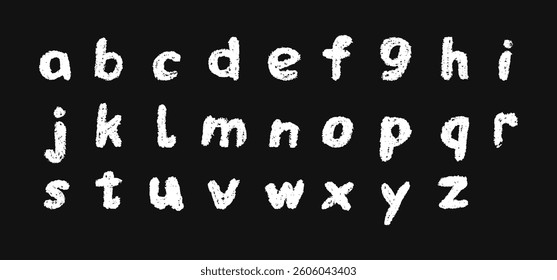 English alphabet hand-drawn in a crayon. Lowercase white letters in chalk, pastel, or wax style. Highlighter effect on black board for kindergarten drawing and learning. Vector illustration.