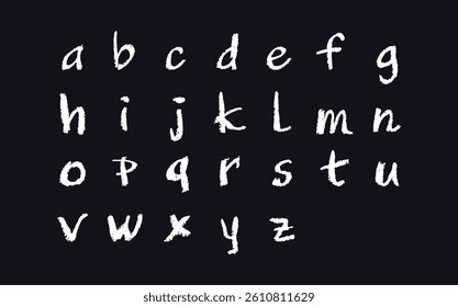 English alphabet hand-drawn in a crayon. Lowercase white letters in chalk, pastel, or wax style. Highlighter effect on black board for kindergarten drawing and learning. Vector illustration.