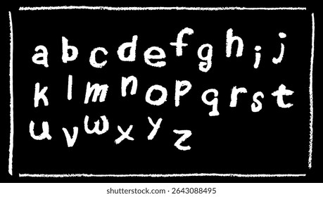 English alphabet hand-drawn in a crayon. Lowercase funny white letters in chalk, pastel, or wax style. Highlighter effect on black board for kindergarten drawing and learning. Vector illustration.