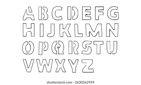 English alphabet handwritten in ink on white background, grunge alphabet with capital letters, modern military font, geometric stencil design, futuristic letters, alphabet in stencil form