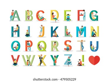 English alphabet with humans using modern technology devices. Social network. Alphabet with cartoon pictures of people using modern computer technologies for communication. Flat design. ABC vector