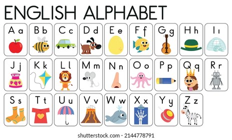 English alphabet illustrated dictionary.  English alphabet illustrated dictionary for children.  Illustrated English alphabet flash cards.