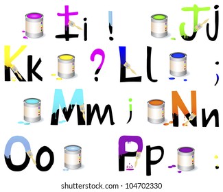 English alphabet I-P. Not fully painted letters with paint dripping; brushes and paint cans. Vector illustration.