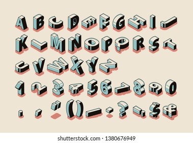 English alphabet isometric vector set with latin ABC letters, special symbols, punctuation marks and arabic figures standing on edge, ling on background pop art, retro colors illustration collection