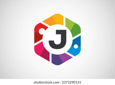 Alfabeto J inglés con obturador de cámara. Icono de cámara fotográfica. Plantilla vectorial de diseño de logotipo de fotografía