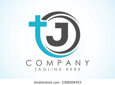 English alphabet J with church logo sign. Christian sign symbols. The cross of Jesus logo for christian church