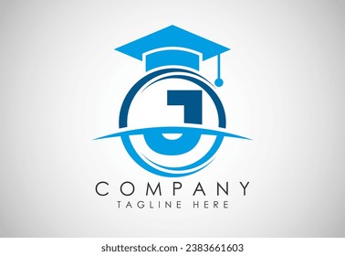 Alfabeto J inglés en un círculo con sombrero educativo. Vector del logotipo de educación y graduación