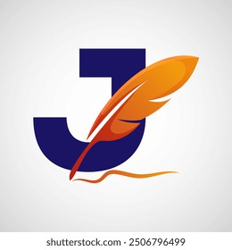 English alphabet J with feather logo design template. Logo for a writer or publishers.