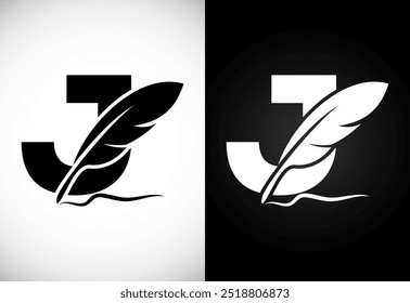 English alphabet J with feather logo design template. Logo for a writer or publishers.