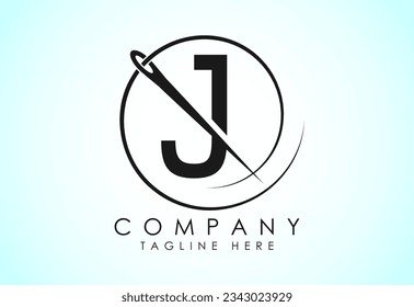 English alphabet J with sewing needle and thread Icon. Tailoring logo design concept.