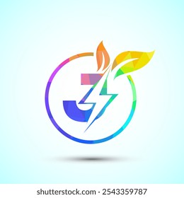 English alphabet J with thunderbolt and leaf. Eco energy saver icon, Nature power electric logo