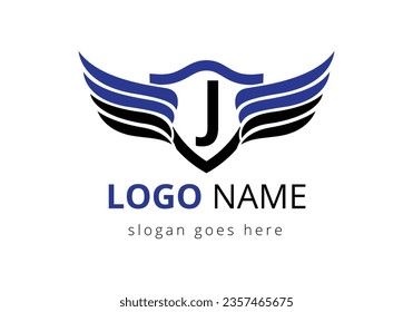 English alphabet J with wings logo design. Transportation Logo Letter and Wings Concept