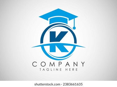 English alphabet K in a circle with education hat. Education and graduation logo vector