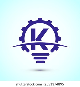 English alphabet K with electric bulb and gear sign. Creative idea logo concept