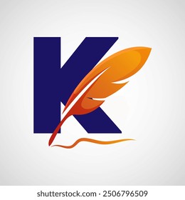 English alphabet K with feather logo design template. Logo for a writer or publishers.