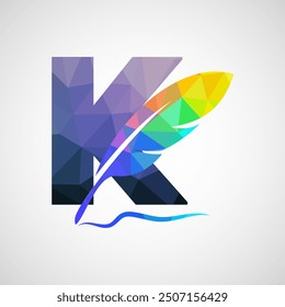 English alphabet K with feather logo design template. Logo for a writer or publishers.