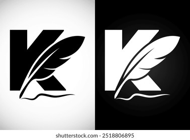 English alphabet K with feather logo design template. Logo for a writer or publishers.