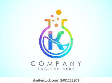 English alphabet K with science lab emblem. Low poly style lab science technology logo design