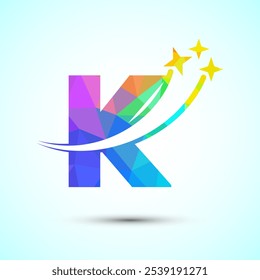 English alphabet K with swoosh and star sign. Shooting star logo design template low poly style